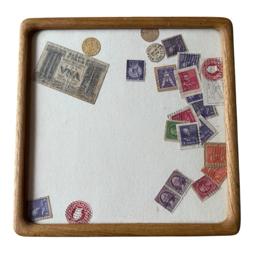 Vintage Used United States Stamp Lot & 1 Lira Bank Note - US Stamps - VTG Frame
